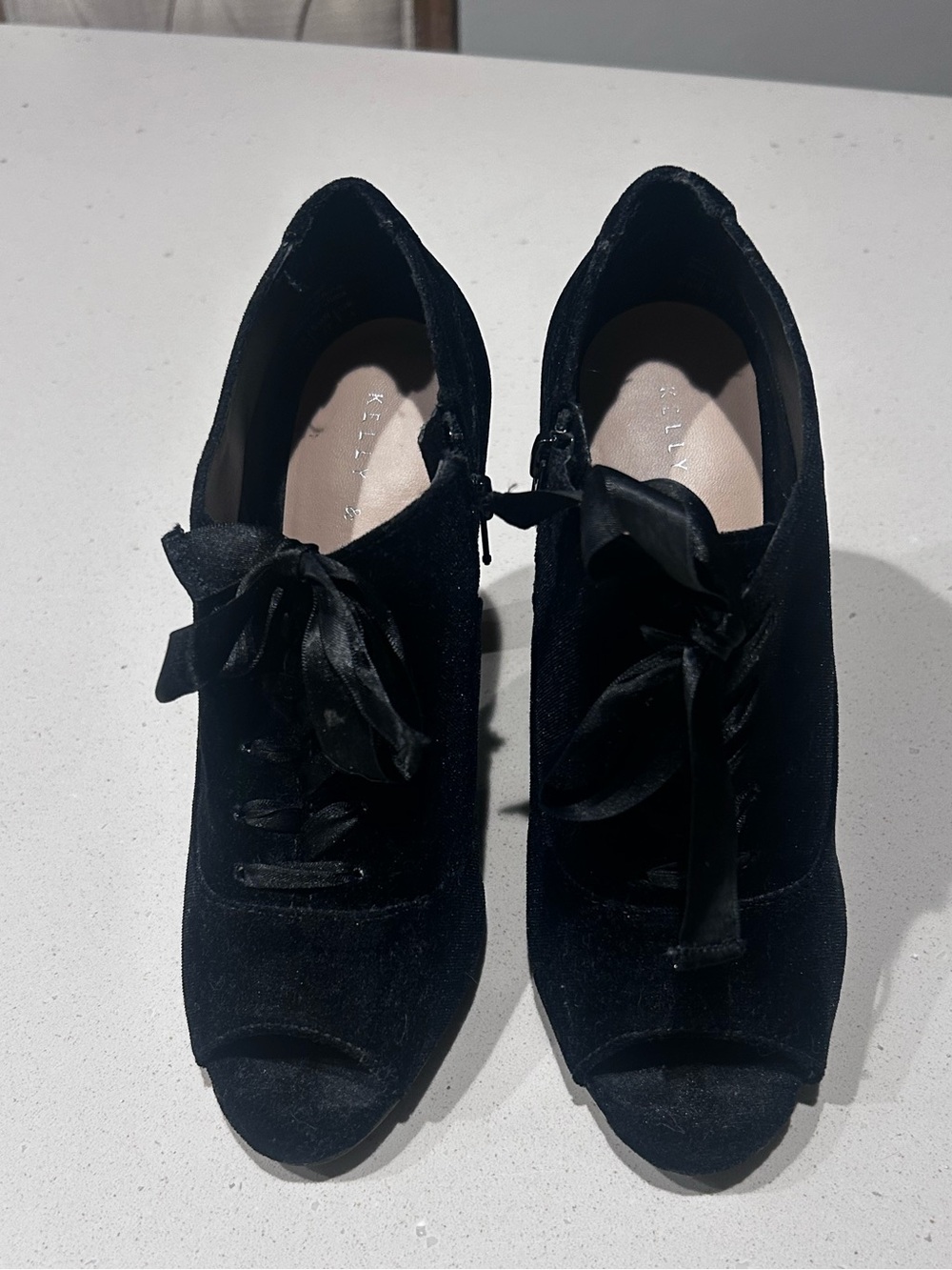Black Velvet Peep-Toe Lace-Up Heels
